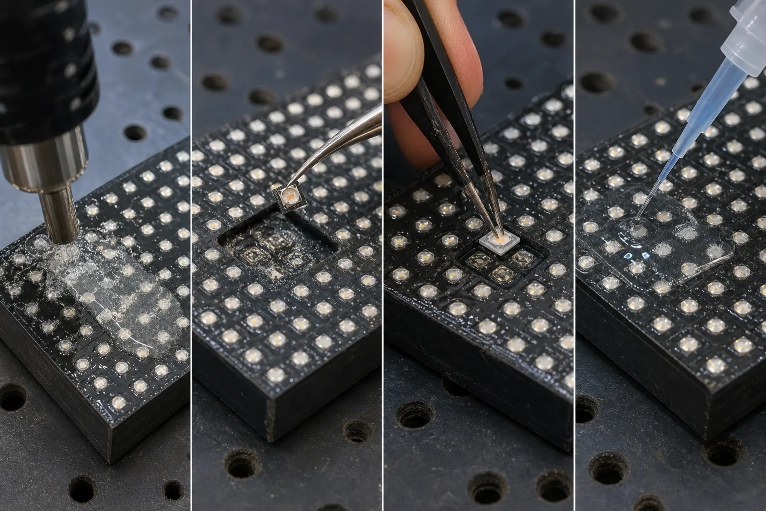 Step-by-step GOB LED module repair workflow showing resin removal, LED replacement, and resin refill