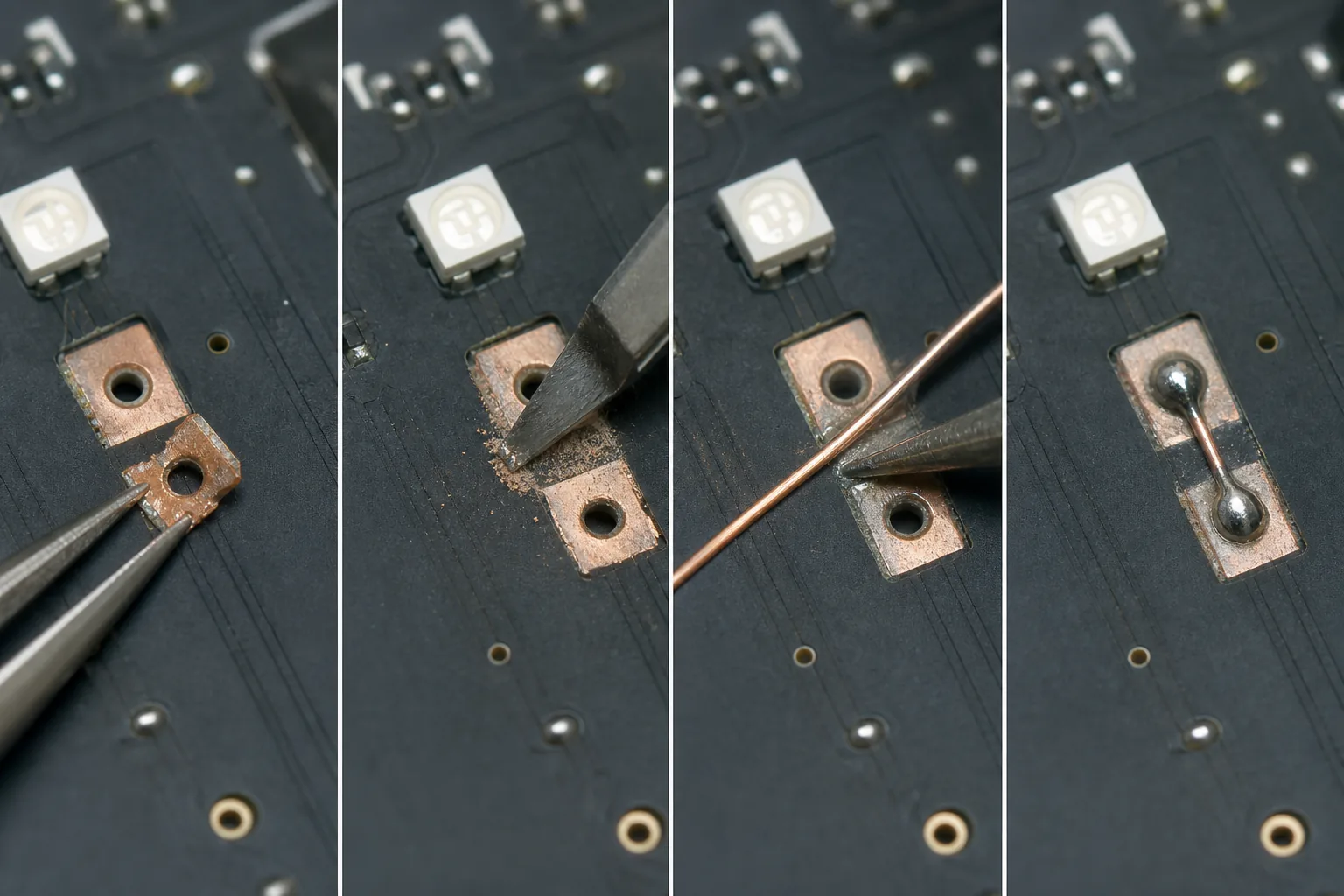 Step-by-step visual sequence for LED module PCB pad repair